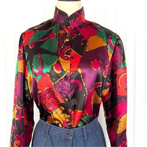 Vintage 80's Bright Colorful Funky Blouse Silky Top Mandarin Collar Shoulder Pad